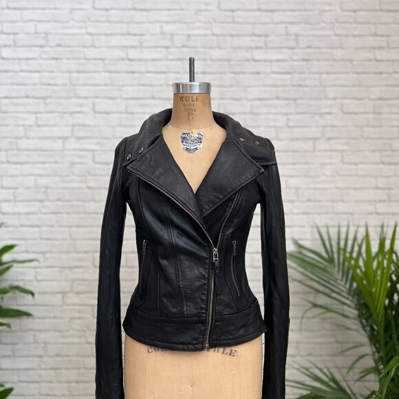 Mackage Kenya Black Leather Motorcycle Jacket XS Moto Jacket Ladies Tailored - Picture 10 of 16